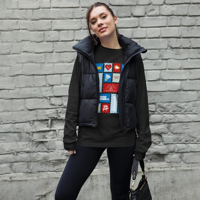 Kansas City Landmark Stamp Long Sleeve Tee • KC Icons Graphic • Unisex Soft Cotton Crew with Ribbed Cuffs