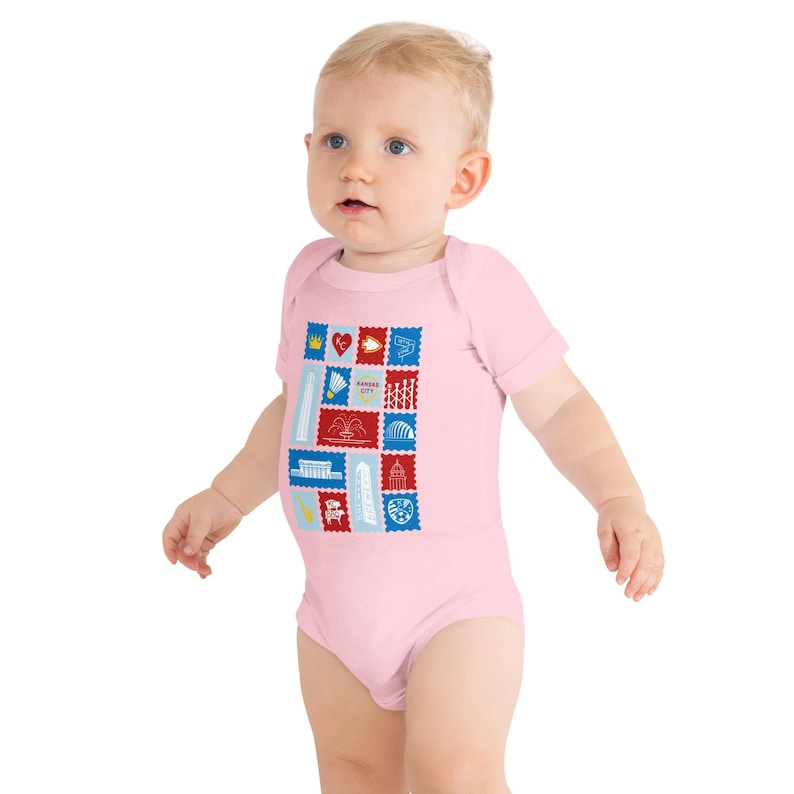 Kansas City Stamp Baby Onesie • KC Landmark Infant Bodysuit • Soft Cotton Graphic One Piece • Midwest Baby Gift • Snap Closure Romper