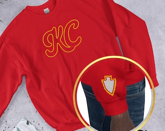 KC Football Sweatshirt: Red Crewneck with Yellow Embroidery