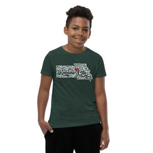 Kansas City Youth T-Shirt • KS + MO State Heart Design for Kids • Floral Cursive Tee • Midwest Pride Toddler Shirt • Soft Short Sleeve Tee