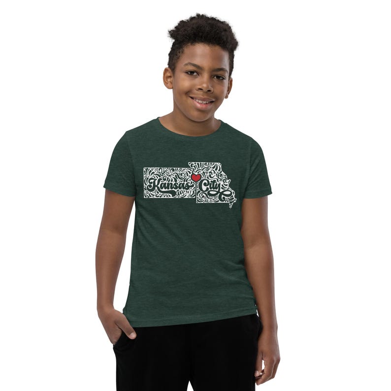 Kansas City Youth T-Shirt • KS + MO State Heart Design for Kids • Floral Cursive Tee • Midwest Pride Toddler Shirt • Soft Short Sleeve Tee