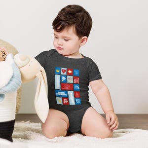 Kansas City Stamp Baby Onesie • KC Landmark Infant Bodysuit • Soft Cotton Graphic One Piece • Midwest Baby Gift • Snap Closure Romper