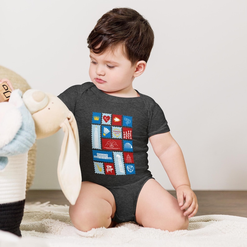 Kansas City Stamp Baby Onesie • KC Landmark Infant Bodysuit • Soft Cotton Graphic One Piece • Midwest Baby Gift • Snap Closure Romper