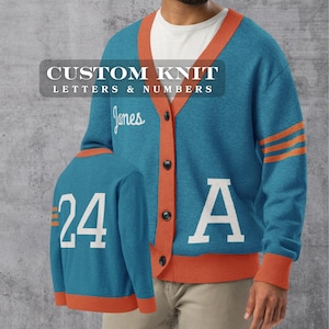 Cardigã personalizável: Tricô jacquard em ciano, laranja e cinza claro - Fácil personalização