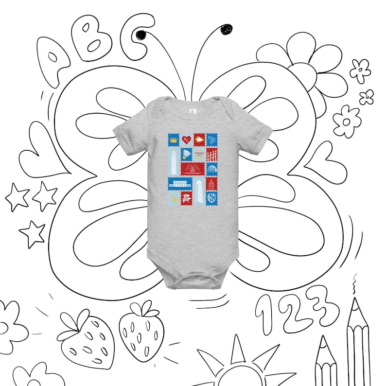 Kansas City Stamp Baby Onesie • KC Landmark Infant Bodysuit • Soft Cotton Graphic One Piece • Midwest Baby Gift • Snap Closure Romper