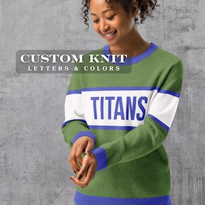 Suéter de cuello redondo de punto personalizado: nombre de ciudad/equipo personalizado, rayas en el pecho