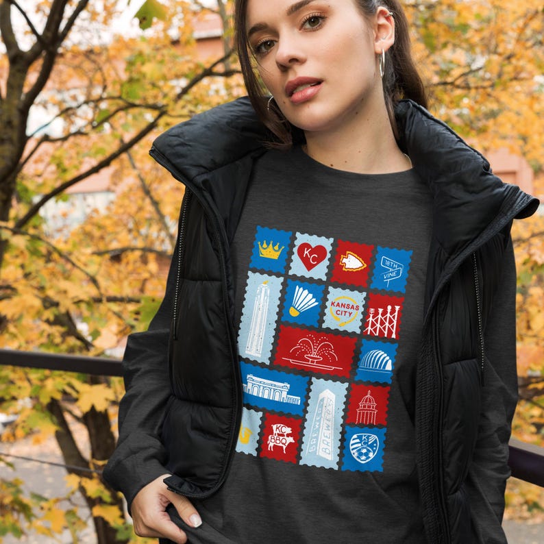 Kansas City Landmark Stamp Long Sleeve Tee • KC Icons Graphic • Unisex Soft Cotton Crew with Ribbed Cuffs