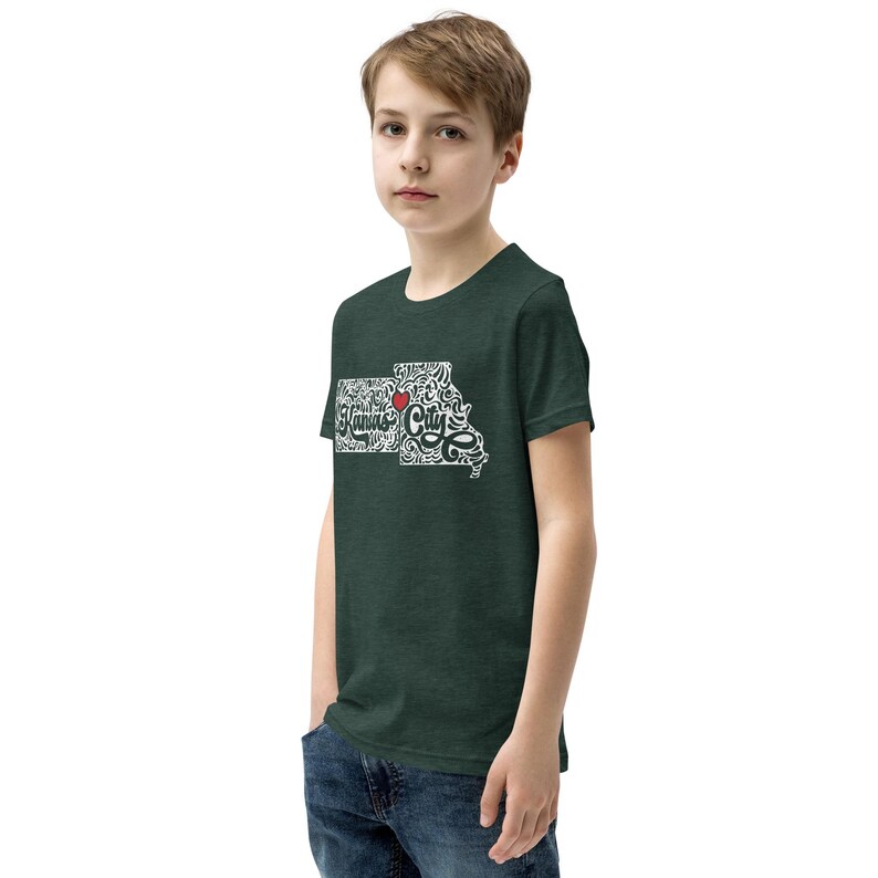 Kansas City Youth T-Shirt • KS + MO State Heart Design for Kids • Floral Cursive Tee • Midwest Pride Toddler Shirt • Soft Short Sleeve Tee