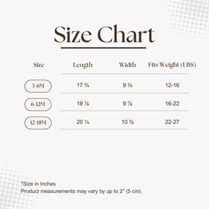 May include: A size chart for baby clothing, with measurements in inches and weight in pounds. The chart includes sizes 3-6M, 6-12M, and 12-18M, with corresponding lengths, widths, and weight ranges. The text "Size Chart" is at the top.