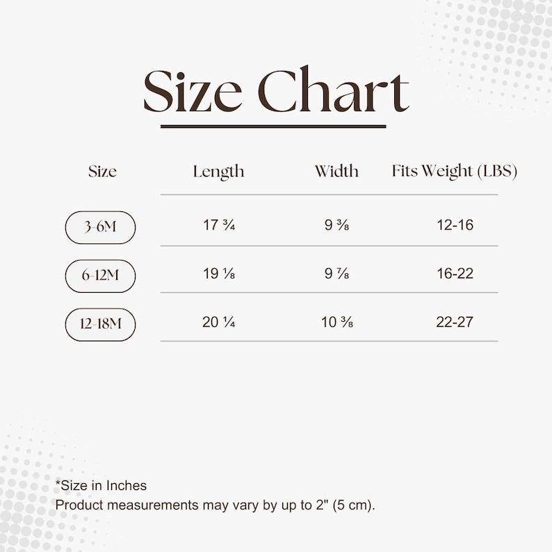 May include: A size chart for baby clothing, with measurements in inches and weight in pounds. The chart includes sizes 3-6M, 6-12M, and 12-18M, with corresponding lengths, widths, and weight ranges. The text "Size Chart" is at the top.