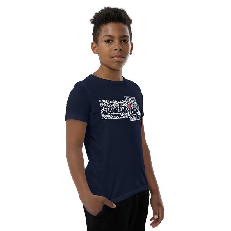 Kansas City Youth T-Shirt • KS + MO State Heart Design for Kids • Floral Cursive Tee • Midwest Pride Toddler Shirt • Soft Short Sleeve Tee