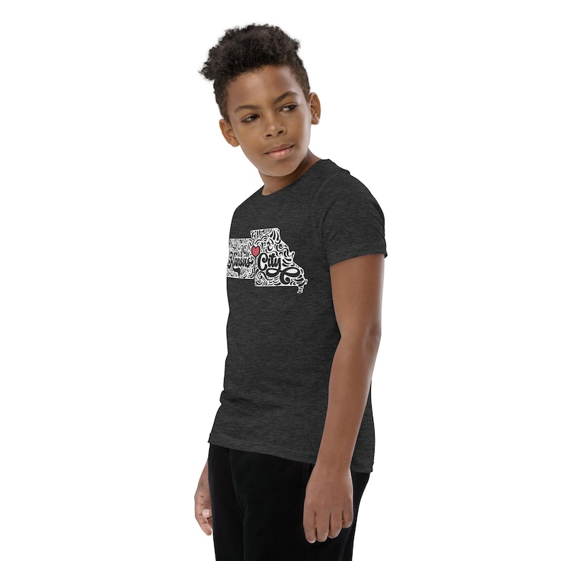 Kansas City Youth T-Shirt • KS + MO State Heart Design for Kids • Floral Cursive Tee • Midwest Pride Toddler Shirt • Soft Short Sleeve Tee