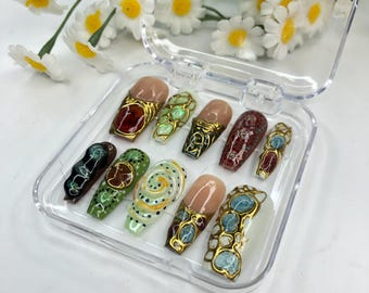 Paznokcie prasowane Tropical Bloom – błyszczący zestaw kwadratowy z kwiatami 3D, zielonymi liśćmi i efektem ombre