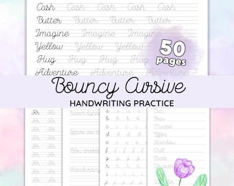 Könnte beinhalten: Ein Schreibübungsheft mit dem Titel "Bouncy Cursive". Die Seiten enthalten Linien zum Üben von Schreibschriftbuchstaben und Wörtern wie "Well", "Smart" und "Imagine". Das Heft umfasst 50 Seiten und eine Aquarell-Blumenillustration.