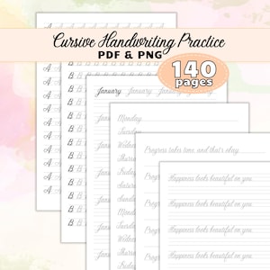May include: A stack of white paper pages for cursive handwriting practice. The pages include the text "Cursive Handwriting Practice PDF & PNG" and "140 pages". The pages have lines and examples of cursive letters and words.