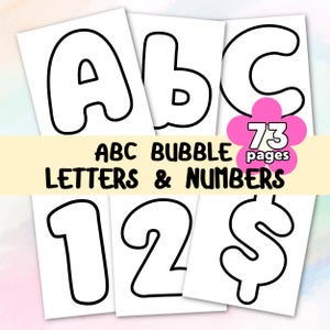 Könnte beinhalten: Weiße Papierbögen mit schwarzen Buchstaben, Zahlen und einem Dollarzeichen in Blasenform. Der Text "ABC Bubble Letters & Numbers" ist zu sehen, zusammen mit einer rosa Blumengrafik mit "73 Seiten".