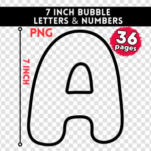 Może przedstawiać: Czarny kontur litery "A" z projektem liter bąbelkowych. Obraz zawiera tekst "7 INCH BUBBLE LETTERS & NUMBERS" i "PNG". Czerwone koło z tekstem "36 stron" znajduje się w prawym górnym rogu. Litera ma 17,78 cm wysokości.