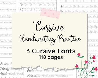 Könnte beinhalten: Ein cremefarbenes Papier mit dem Text "Cursive Handwriting Practice" und "3 Cursive Fonts 118 pages" in schwarzer Schrift. Es zeigt Beispiele für Schreibschriftbuchstaben, mit floralen und Klebeband-Akzenten.