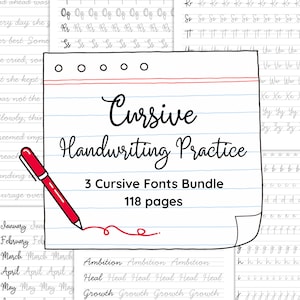 Può includere: Un download digitale con fogli di pratica di scrittura corsiva. L'immagine mostra un blocco note con il titolo "Cursive Handwriting Practice" e una penna rossa. Include 3 caratteri corsivi e 118 pagine.