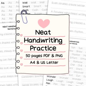 Puede incluir: Un cuaderno digital de práctica de escritura a mano con el título "Neat Handwriting Practice" y un corazón rosa. El cuaderno incluye 50 páginas en formatos PDF y PNG, disponibles en tamaños A4 y US Letter. Contiene ejercicios de escritura.