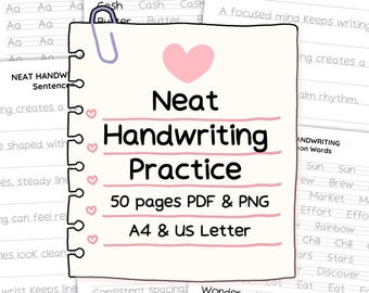 May include: A digital handwriting practice workbook with the title "Neat Handwriting Practice" and a pink heart graphic. The workbook includes 50 pages in PDF and PNG formats, available in A4 and US Letter sizes. The pages feature handwriting exercises.