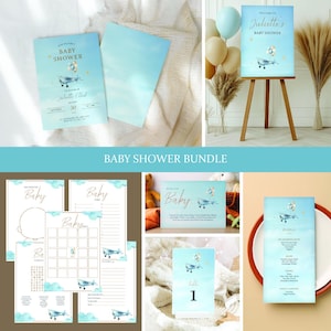Airplane Baby Shower Bundle | Blue Invitation, Signs, and Print Set | Plane Baby Shower Games | Editable Photoshop Event Files
