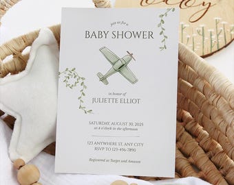 Airplane Baby Shower Invitation Boy | Editable Photoshop Template | Sage Green Baby Invite | Instant Download | Customizable Canva Template