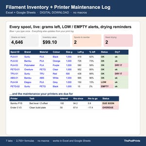 May include: A digital spreadsheet template titled Filament Inventory + Printer Maintenance Log. The interface displays data tables for tracking 3D printer filament spools, including brand, material, color, weight, and status, alongside a maintenance log.