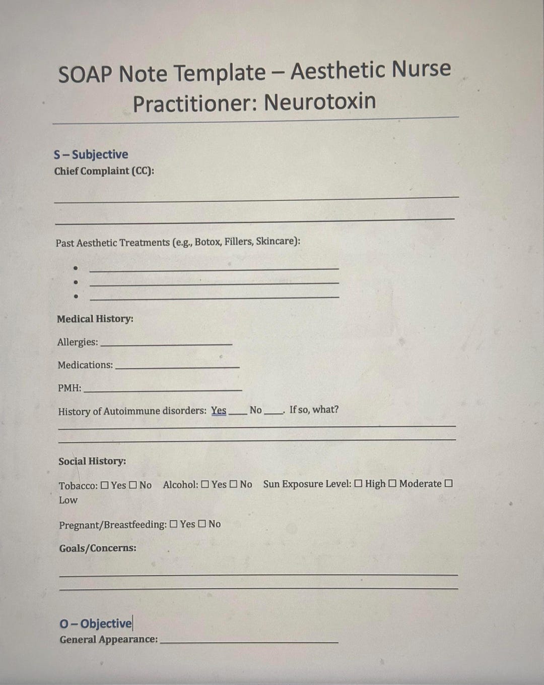 SOAP Note Template for Nurse Practitioner Injectors: Neurotoxin - Etsy