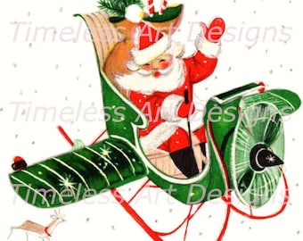 Vintage Santa in Airplane with Reindeer, Christmas Card Image (Digital Download)