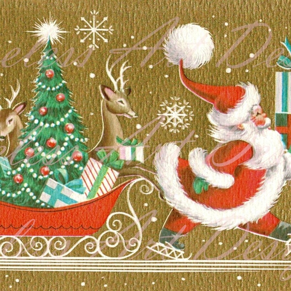 Digital Download Image, Jolly Old Santa Claus With Reindeer & Sleigh Full Of Gifts, Vintage Christmas Card, Retro Santa, Santa Printable!