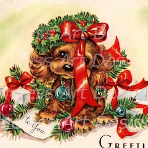 Imagen de descarga digital, adorable cachorro envuelto en un lazo, tarjeta navideña vintage, ¡cachorro vintage imprimible!