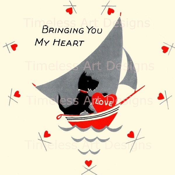 Digital Download Retro Scottish Terrier Valentine Printable Cute Scotty Dog On A Sail Boat Vintage Valentine Card Image!