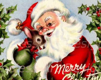Digital Download Image, Jolly Old Santa Claus Hugging His Adorable Fawn, Deer, Vintage Christmas Card. Greeting Card. Santa Printable!