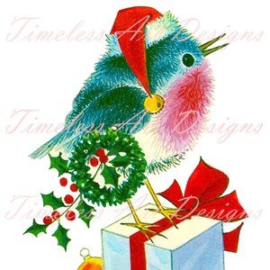 Téléchargement numérique Merlebleu rétro fond Transparent Png Clipart imprimable oiseau mignon en bonnet de Noel rouge carte de Noël vintage Art graphique !