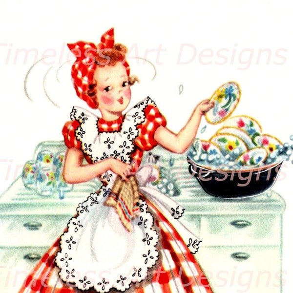 Digital Download Image, Cute Lady In Gingham Dress, Apron & Head Scarf, Housewife, Dishes, Vintage Greeting Card. Gingham Girl Printable.