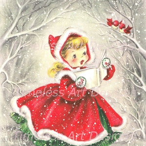Immagine digitale stampabile di una donna di Natale d'epoca, dolce ragazza vestita di rosso che canta agli uccelli, immagine di un biglietto di Natale d'epoca!