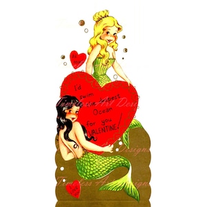 Digital Download Clipart Meerjungfrau Mädchen großes Herz Vintage Valentinstag Karte druckbare Retro Meerjungfrau Grafik!