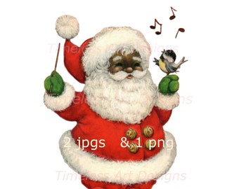 Digital Download Image, Adorable Black Santa Claus, Santa Conducting, Chickadee, Vintage Christmas Card. 2 jpg & 1 png