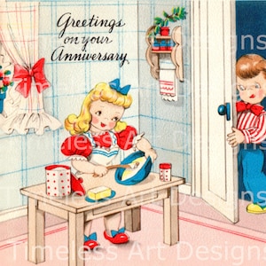 Imagen de descarga digital, lindos niños horneando, tarjeta vintage de San Valentín/aniversario, ¡para niños imprimible!