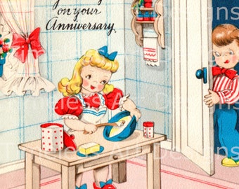 Digital Download Image, Cute Children Baking, Vintage Valentine/Anniversary Card, Kids Printable!