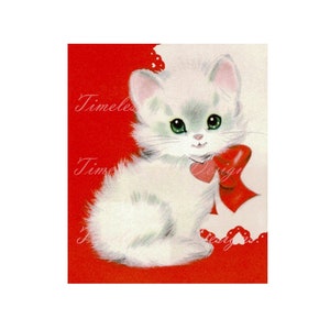 Téléchargement numérique Saint-Valentin chat chaton blanc mignon imprimable avec coeur rouge & noeud vintage carte graphique Saint-Valentin Clipart !