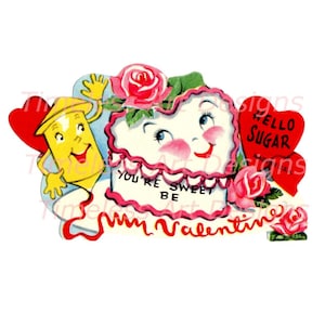 Image à téléchargement numérique, gâteau de la Saint-Valentin anthropomorphe, gâteau sucré, glaçage, carte de Saint-Valentin kitchy rétro vintage imprimable !