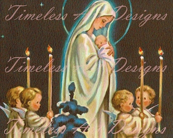 Imagen de tarjeta navideña vintage de la Virgen con el Niño (descarga digital)