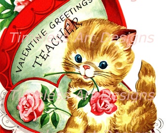 Vintage Digital Download Image, Adorable Kitty Cat In A Heart Shaped Candy Box With Rose, Vintage Valentine Card, Valentine Cat Printable!