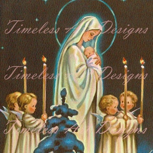 Immagine digitale scaricabile, bellissima Madonna e bambino, Gesù bambino, Beata Vergine Maria, angeli, biglietto di Natale vintage. Stampabile religioso!