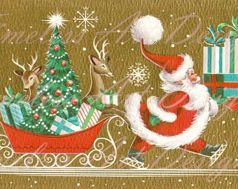 Vintage Weihnachtsmann Weihnachtskarte Bild, Rentierschlitten (Digitaler Download)
