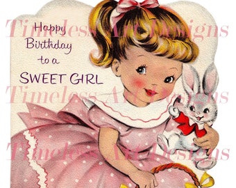 Instant Digital Download Image, Sweet Little Girl In Pink Dress With Bunny & Chicks, Vintage Birthday/Easter Card Image!