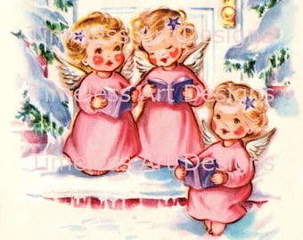 Digital Download Image, Adorable Angels Wearing Pink Caroling, Vintage Christmas Card, Angel Graphic. Pink Angels Printable!