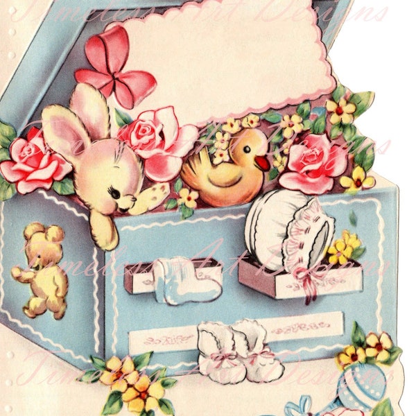Digital Download Image, Cute Baby's Toy Chest, Vintage Greeting Card Image, New Baby Printable! 2 jpgs.